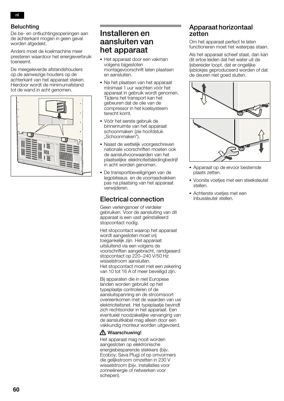 Installeren en aansluiten van het apparaat, Electrical connection, Apparaat horizontaal zetten | Bosch KAN62V40 Frigo-congelatore Side by Side Inox look User Manual | Page 60 / 71