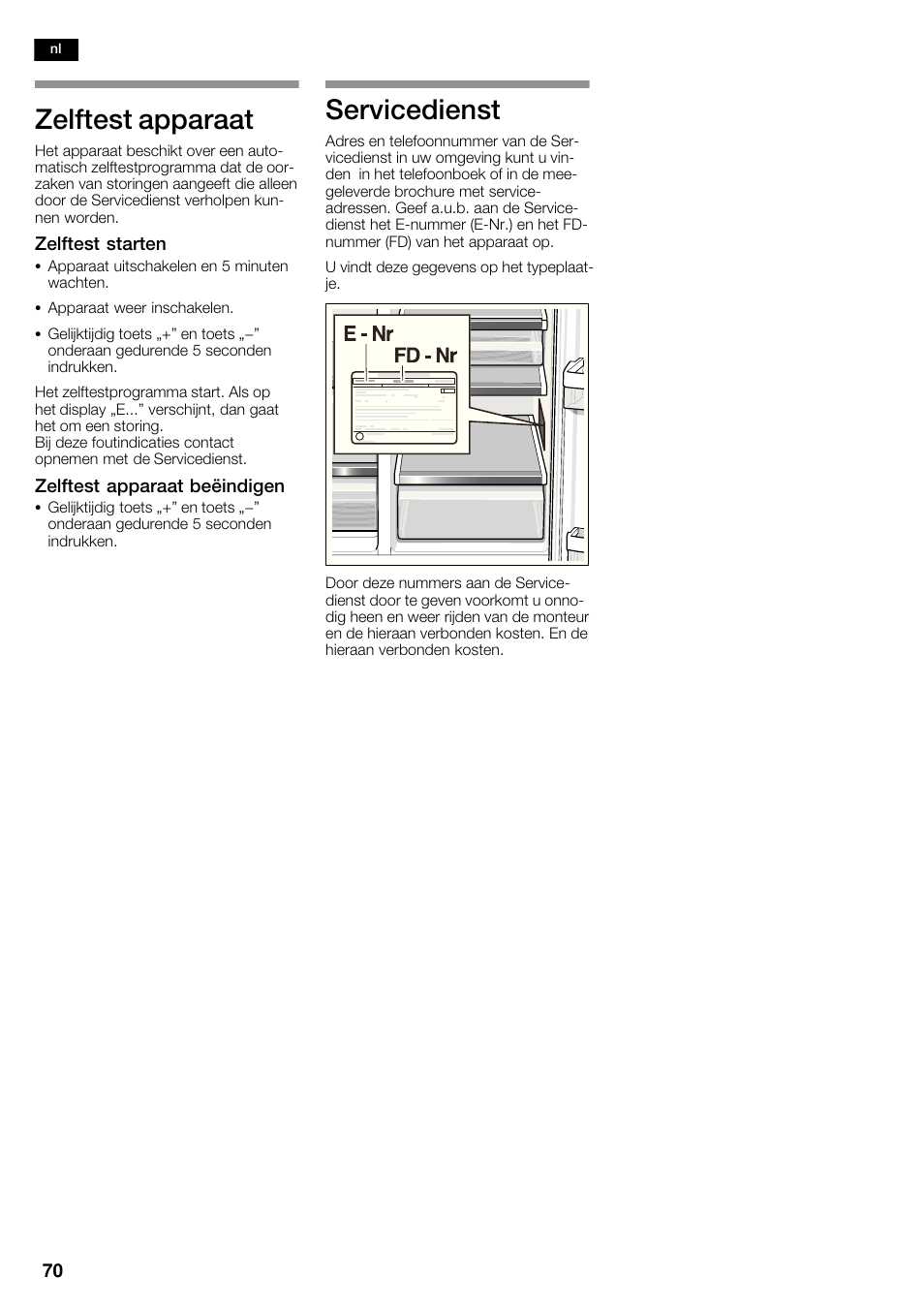 Zelftest apparaat, Servicedienst | Bosch KAN62V40 Frigo-congelatore Side by Side Inox look User Manual | Page 70 / 71