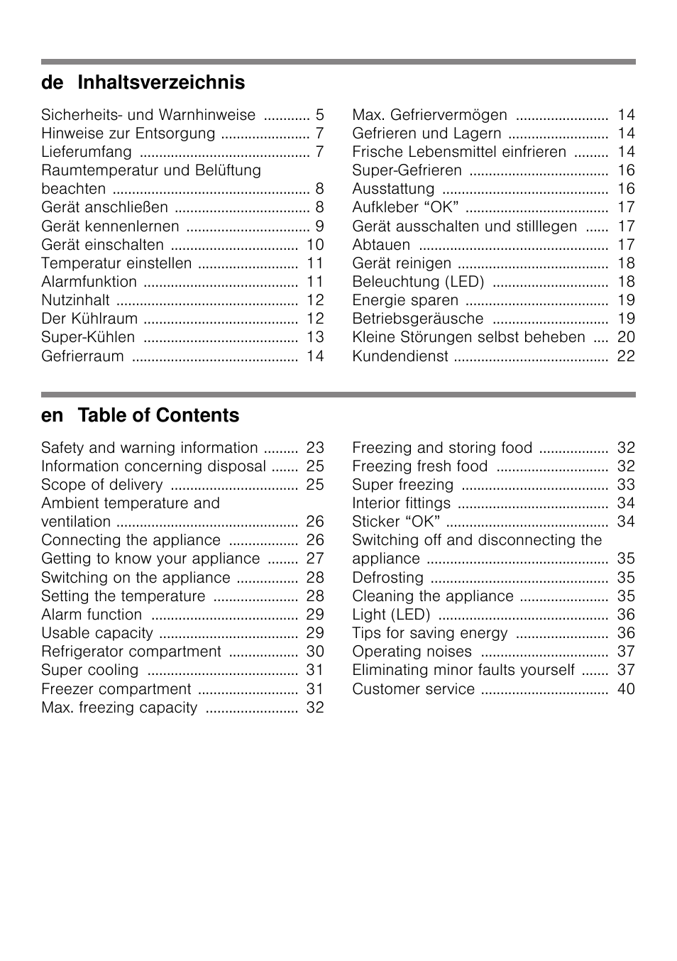 De inhaltsverzeichnis, En table of contents | Bosch KGN49VW20 Frigo-congelatore da libero posizionamento Bianco User Manual | Page 2 / 102