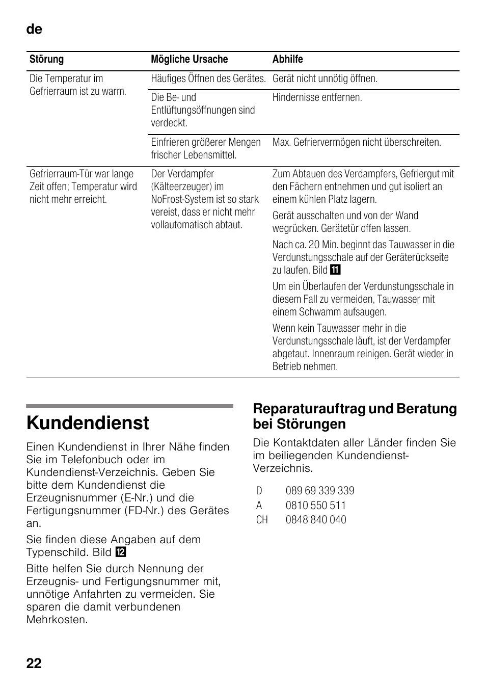 Kundendienst, Reparaturauftrag und beratung bei störungen, De 22 | Bosch KGN49VW20 Frigo-congelatore da libero posizionamento Bianco User Manual | Page 22 / 102