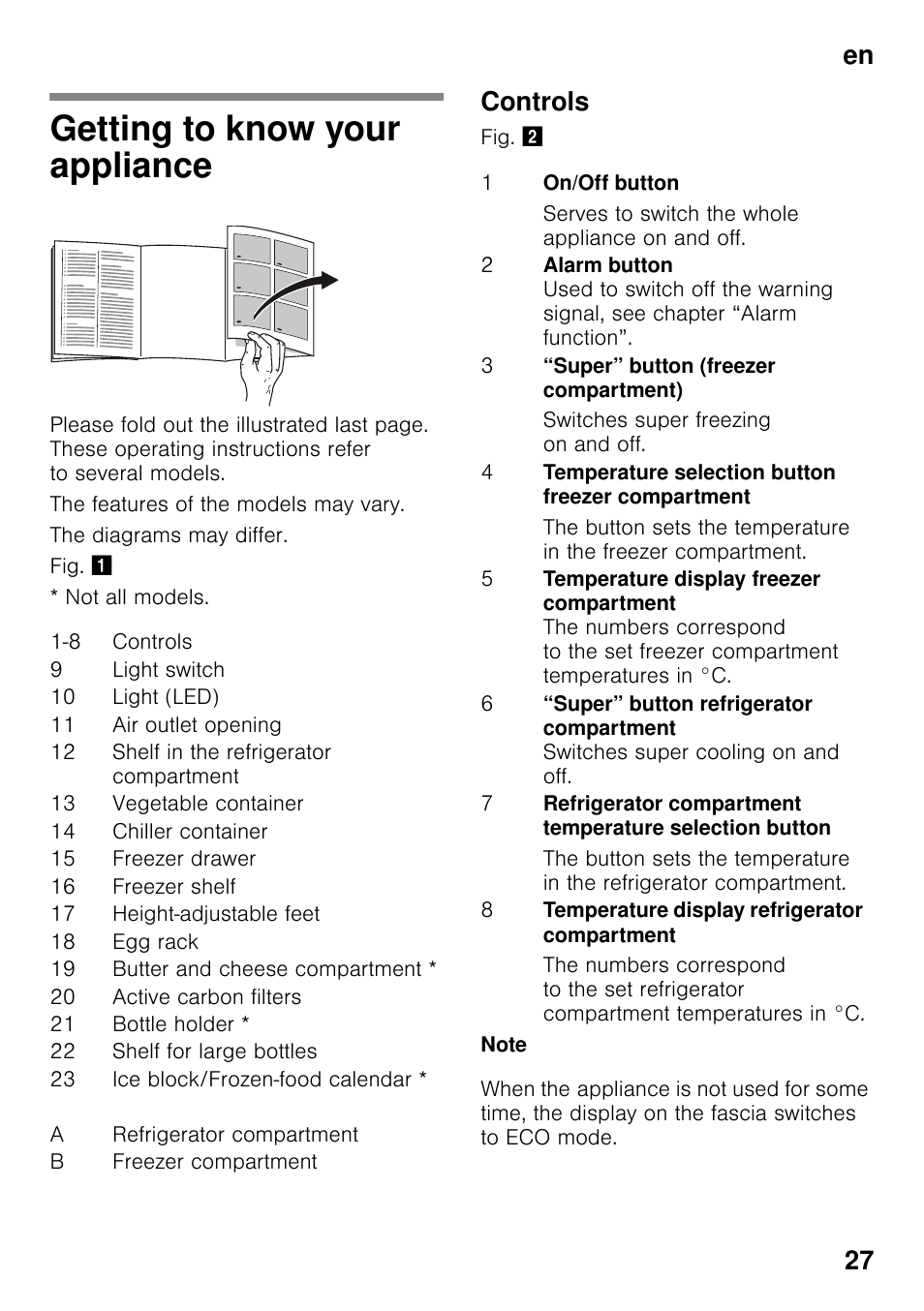 Getting to know your appliance, Controls, En 27 | Bosch KGN49VW20 Frigo-congelatore da libero posizionamento Bianco User Manual | Page 27 / 102