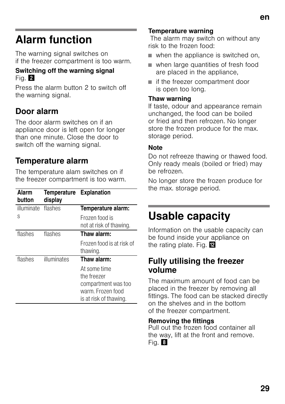 Alarm function, Door alarm, Temperature alarm | When the appliance is switched on, If the freezer compartment door is open too long, Usable capacity, Fully utilising the freezer volume, Removing the fittings, Alarm function usable capacity, En 29 | Bosch KGN49VW20 Frigo-congelatore da libero posizionamento Bianco User Manual | Page 29 / 102