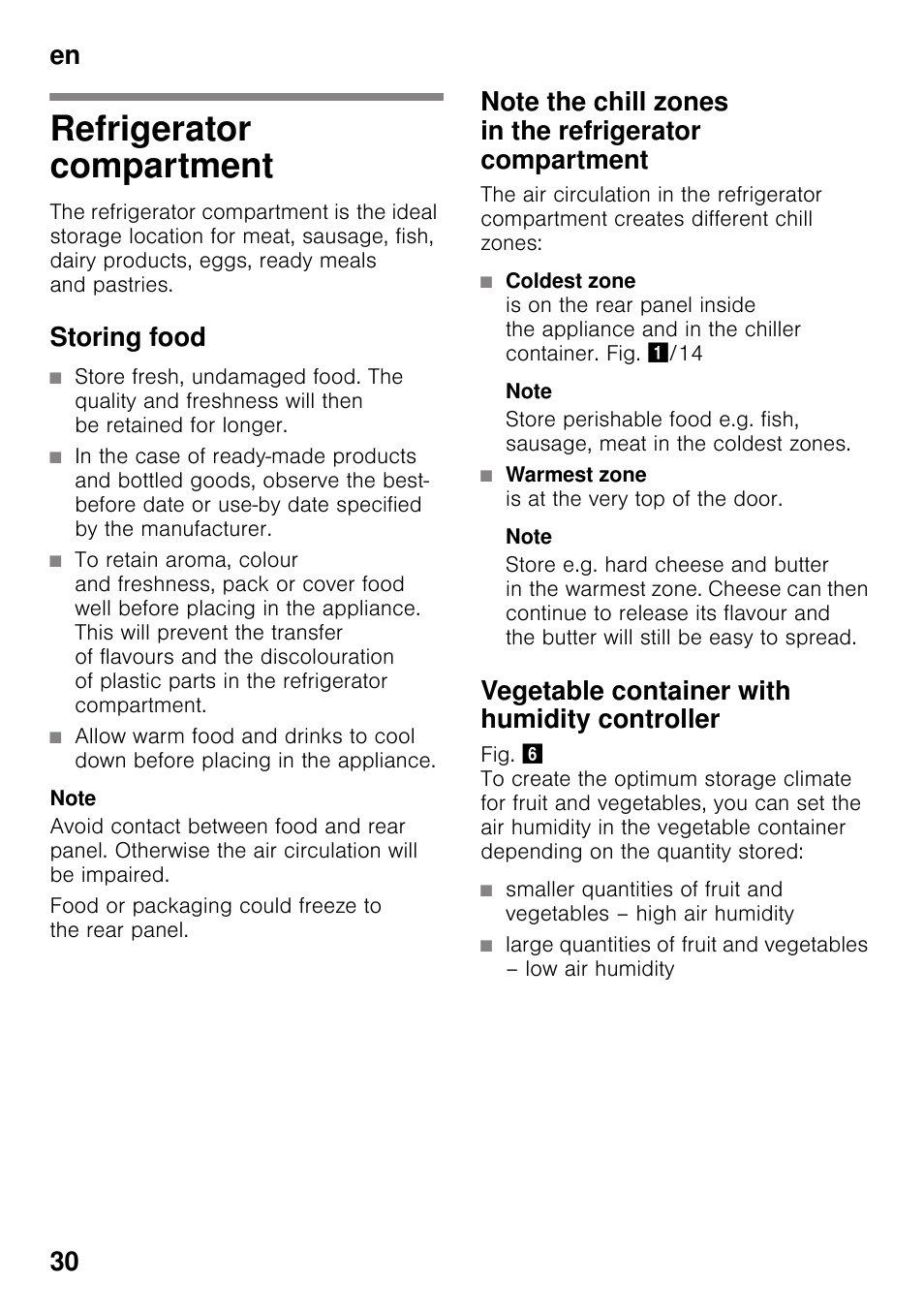 Refrigerator compartment, Storing food, Note | Warmest zone is at the very top of the door, Vegetable container with humidity controller, En 30 | Bosch KGN49VW20 Frigo-congelatore da libero posizionamento Bianco User Manual | Page 30 / 102