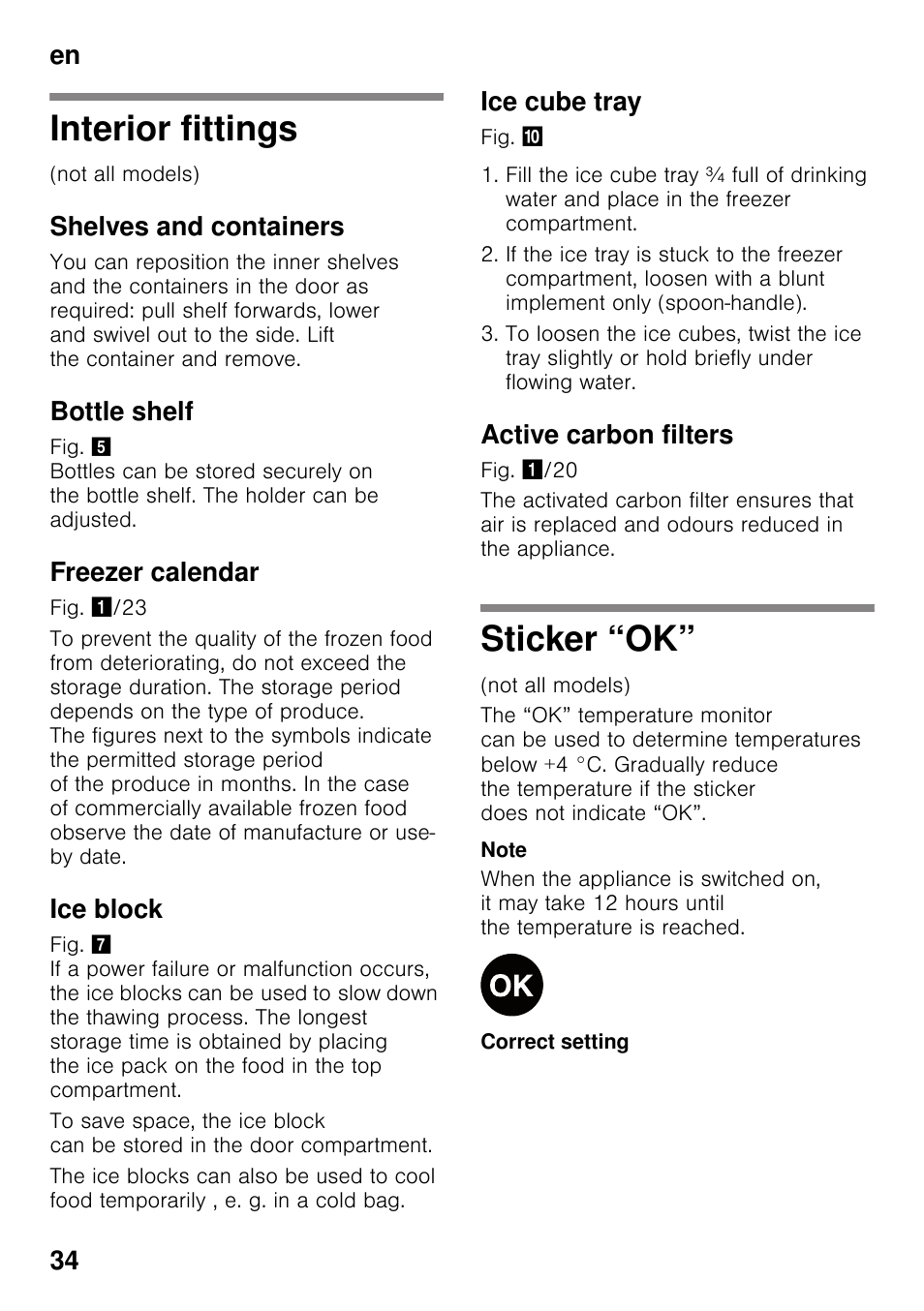 Interior fittings, Shelves and containers, Bottle shelf | Freezer calendar, Ice block, Ice cube tray, Active carbon filters, Sticker “ok, Interior fittings sticker “ok, En 34 | Bosch KGN49VW20 Frigo-congelatore da libero posizionamento Bianco User Manual | Page 34 / 102