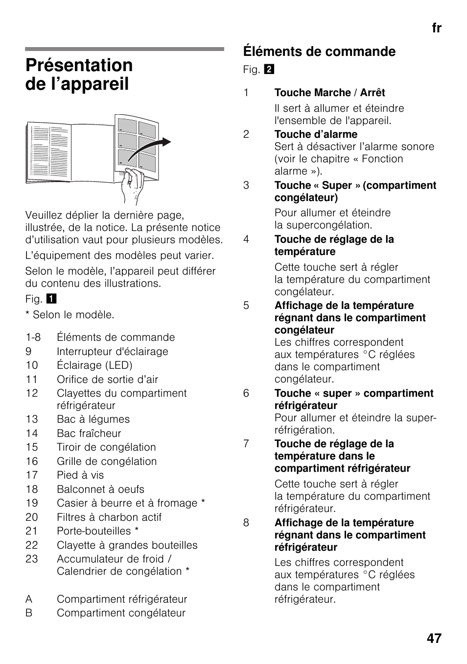 Présentation de l’appareil, Éléments de commande, Fr 47 | Bosch KGN49VW20 Frigo-congelatore da libero posizionamento Bianco User Manual | Page 47 / 102