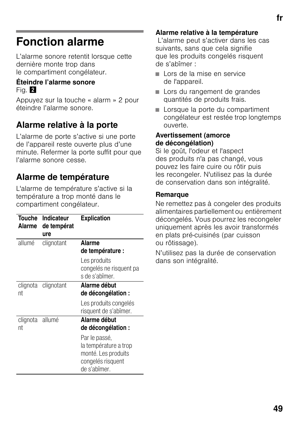 Fonction alarme, Alarme relative à la porte, Alarme de température | Lors de la mise en service de l'appareil, Fr 49 | Bosch KGN49VW20 Frigo-congelatore da libero posizionamento Bianco User Manual | Page 49 / 102