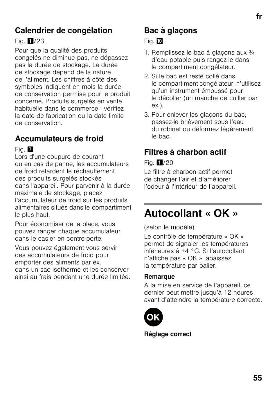 Calendrier de congélation, Accumulateurs de froid, Bac à glaçons | Filtres à charbon actif, Autocollant « ok, Fr 55 calendrier de congélation | Bosch KGN49VW20 Frigo-congelatore da libero posizionamento Bianco User Manual | Page 55 / 102