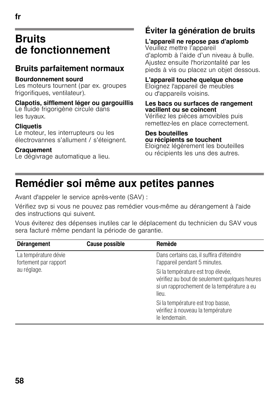 Bruits de fonctionnement, Bruits parfaitement normaux, Bourdonnement sourd | Clapotis, sifflement léger ou gargouillis, Cliquetis, Craquement, Éviter la génération de bruits, L'appareil ne repose pas d'aplomb, L'appareil touche quelque chose, Des bouteilles ou récipients se touchent | Bosch KGN49VW20 Frigo-congelatore da libero posizionamento Bianco User Manual | Page 58 / 102