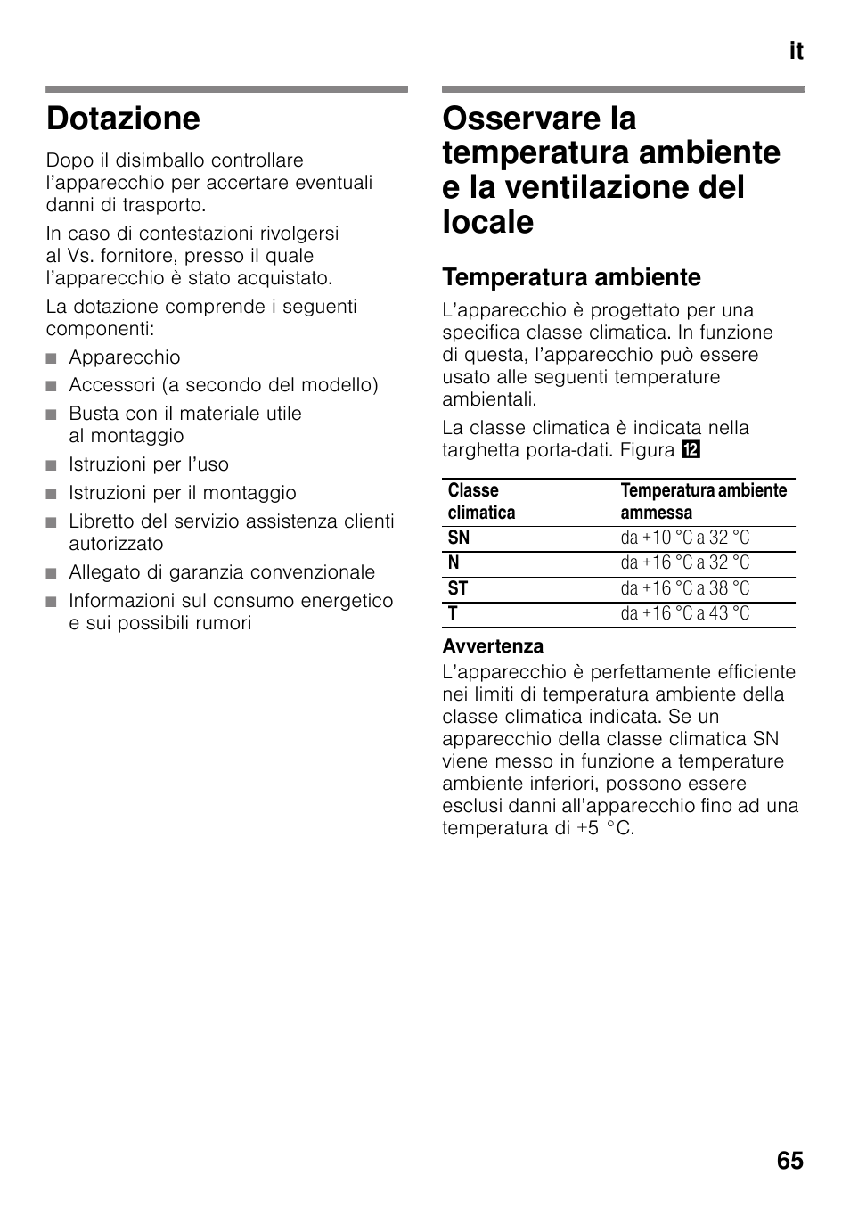 Dotazione, La dotazione comprende i seguenti componenti, Apparecchio | Accessori (a secondo del modello), Busta con il materiale utile al montaggio, Istruzioni per l’uso, Istruzioni per il montaggio, Allegato di garanzia convenzionale, Temperatura ambiente, E la ventilazione del locale | Bosch KGN49VW20 Frigo-congelatore da libero posizionamento Bianco User Manual | Page 65 / 102