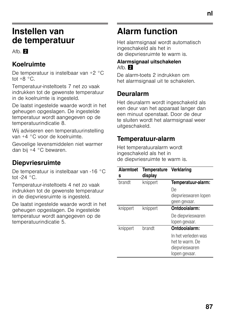 Instellen van de temperatuur, Koelruimte, Diepvriesruimte | Alarm function, Deuralarm, Temperatuur-alarm, Instellen van de temperatuur alarm function, Nl 87 | Bosch KGN49VW20 Frigo-congelatore da libero posizionamento Bianco User Manual | Page 87 / 102