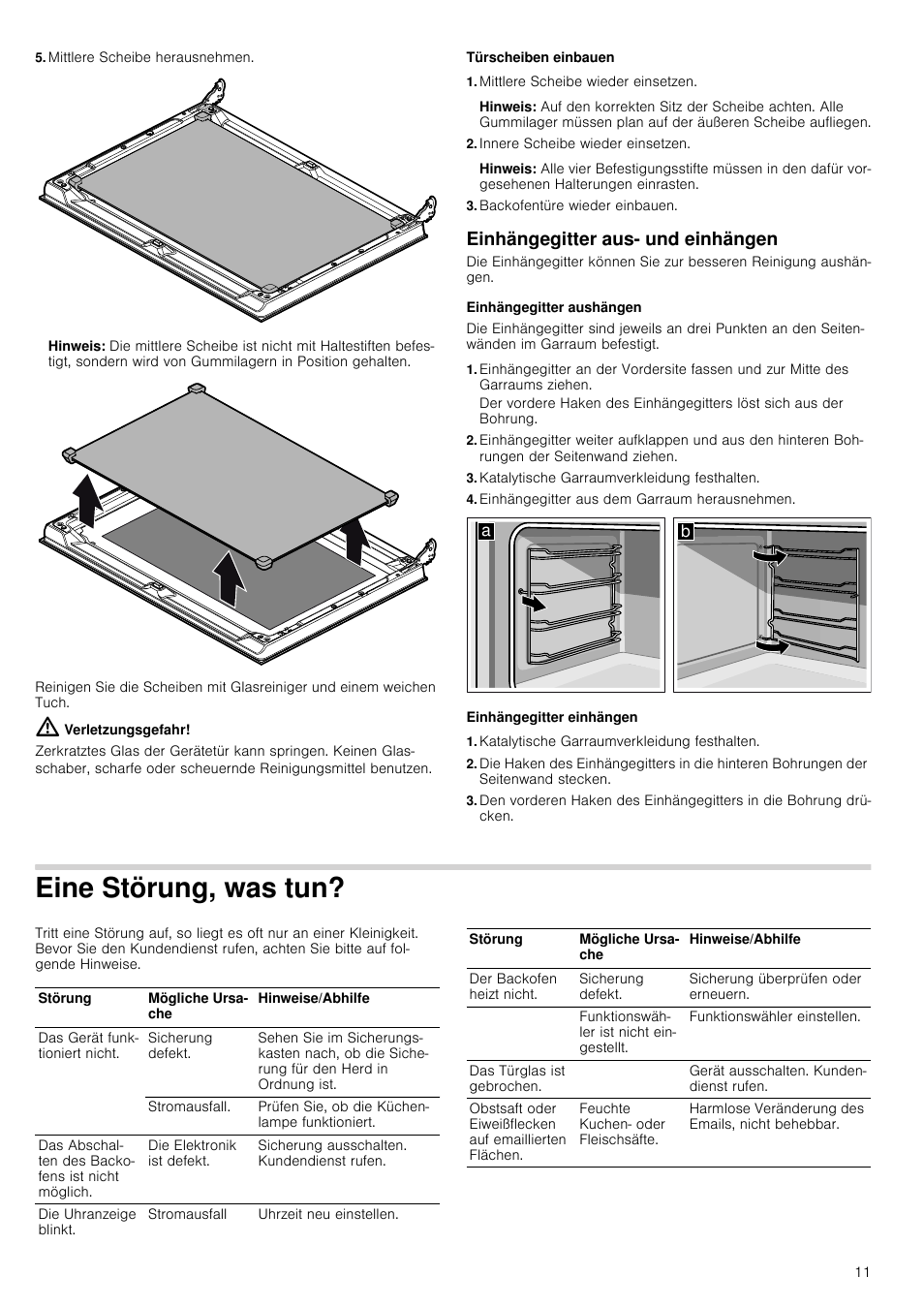 Mittlere scheibe herausnehmen, Hinweis, Verletzungsgefahr | Türscheiben einbauen, Mittlere scheibe wieder einsetzen, Innere scheibe wieder einsetzen, Backofentüre wieder einbauen, Einhängegitter aus- und einhängen, Einhängegitter aushängen, Katalytische garraumverkleidung festhalten | Bosch HVA541NS0 Forno da incasso 90 cm User Manual | Page 11 / 84