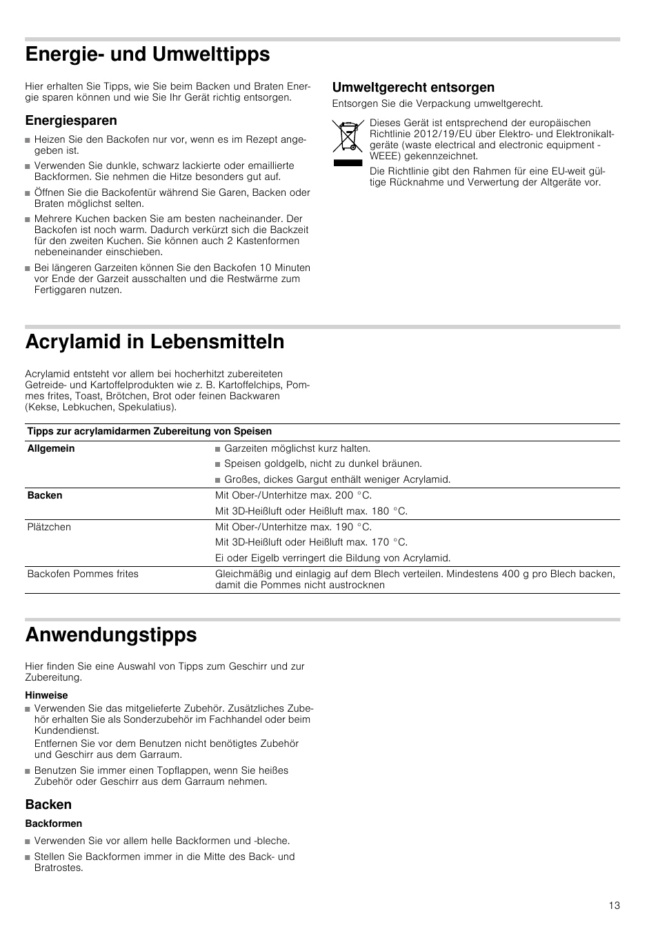 Energie- und umwelttipps, Energiesparen, Umweltgerecht entsorgen | Acrylamid in lebensmitteln, Anwendungstipps, Hinweise, Backen, Energiesparen umweltgerecht entsorgen, Lamid in lebensmitteln | Bosch HVA541NS0 Forno da incasso 90 cm User Manual | Page 13 / 84