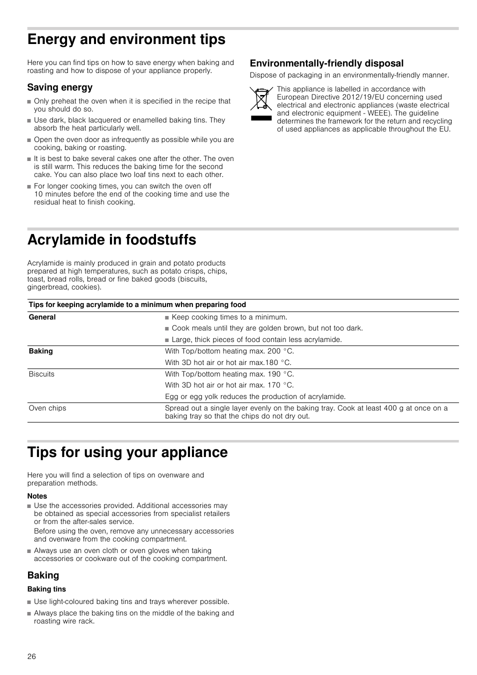 Energy and environment tips, Saving energy, Environmentally-friendly disposal | Acrylamide in foodstuffs, Tips for using your appliance, Notes, Baking, Vironment tips, Our appliance | Bosch HVA541NS0 Forno da incasso 90 cm User Manual | Page 26 / 84