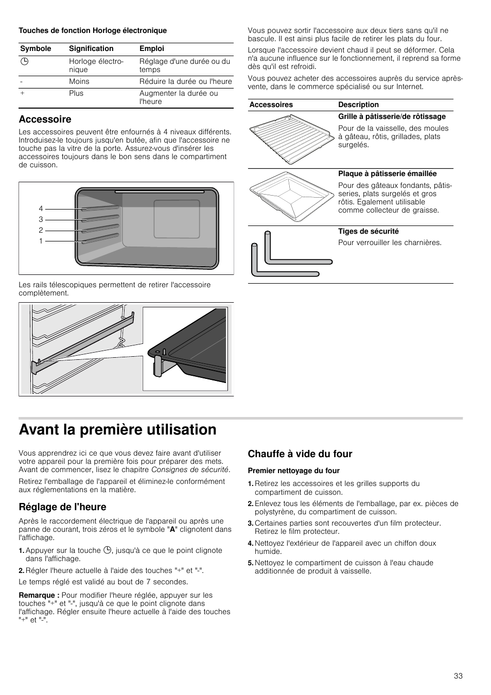 Accessoire, Avant la première utilisation, Réglage de l'heure | Remarque, Chauffe à vide du four, Premier nettoyage du four | Bosch HVA541NS0 Forno da incasso 90 cm User Manual | Page 33 / 84