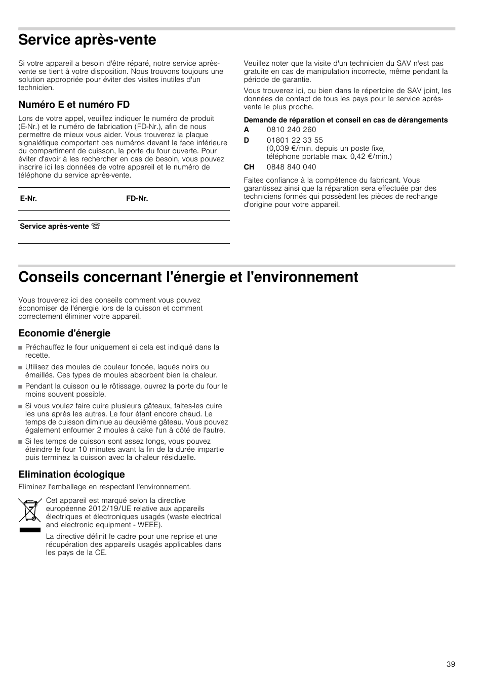 Service après-vente, Numéro e et numéro fd, Conseils concernant l'énergie et l'environnement | Economie d'énergie, Elimination écologique, Vironnement | Bosch HVA541NS0 Forno da incasso 90 cm User Manual | Page 39 / 84