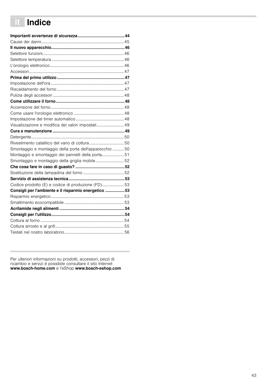 Â indice[it] istruzioni per l’uso, Uzioni per l’uso, Indice | Bosch HVA541NS0 Forno da incasso 90 cm User Manual | Page 43 / 84