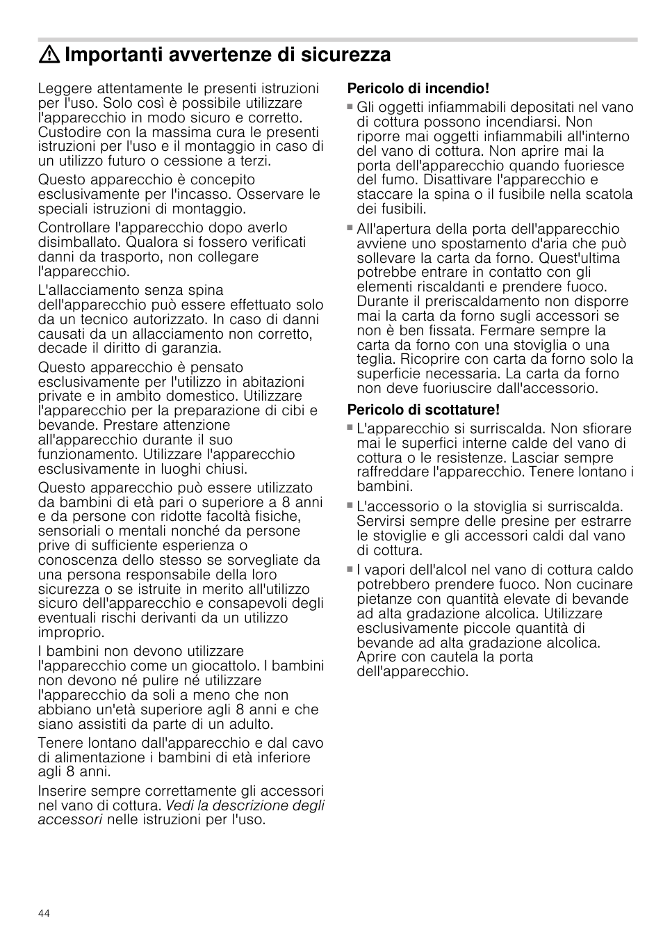 Importanti avvertenze di sicurezza, Pericolo di incendio, Pericolo di scottature | Ezza | Bosch HVA541NS0 Forno da incasso 90 cm User Manual | Page 44 / 84