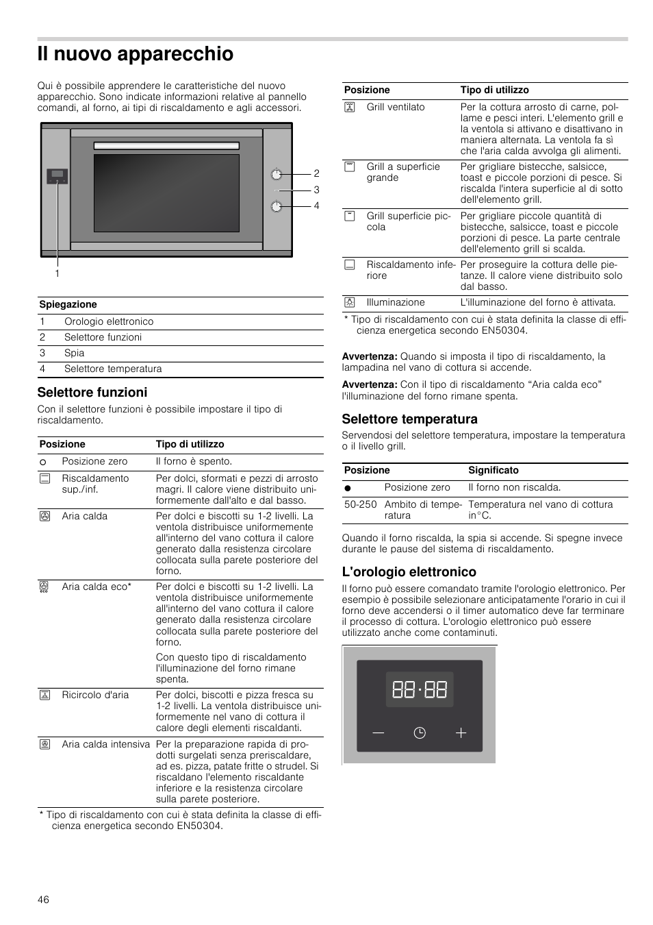 Il nuovo apparecchio, Selettore funzioni, Avvertenza | Selettore temperatura, L'orologio elettronico, Hio selettore funzioni | Bosch HVA541NS0 Forno da incasso 90 cm User Manual | Page 46 / 84