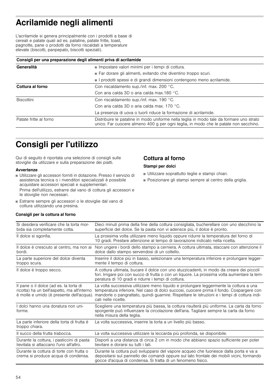 Acrilamide negli alimenti, Consigli per l'utilizzo, Avvertenze | Cottura al forno, Consigli per la cottura al forno | Bosch HVA541NS0 Forno da incasso 90 cm User Manual | Page 54 / 84