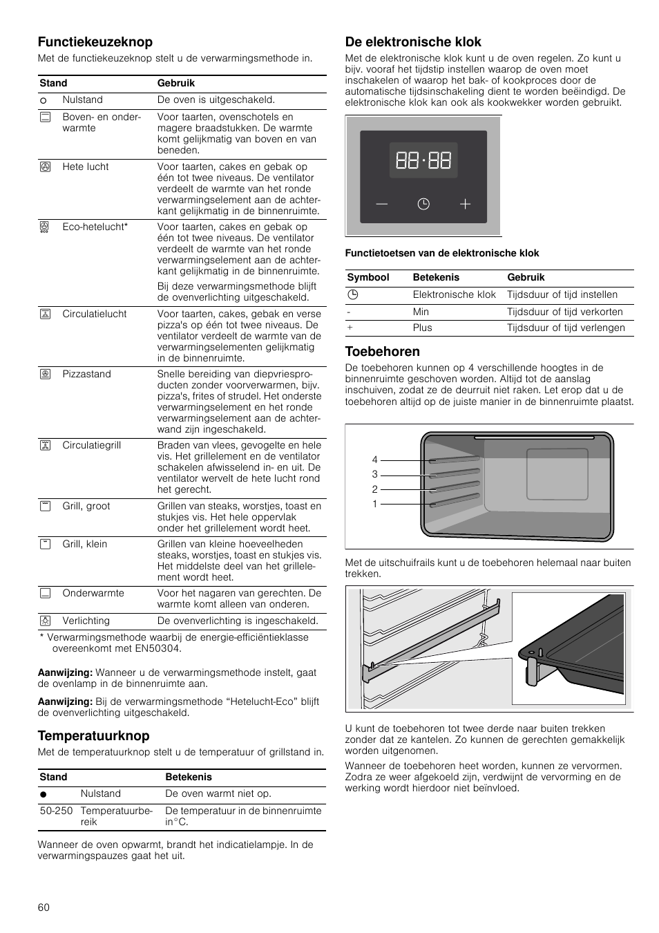 Functiekeuzeknop, Aanwijzing, Temperatuurknop | De elektronische klok, Toebehoren, Functiekeuzeknop temperatuurknop | Bosch HVA541NS0 Forno da incasso 90 cm User Manual | Page 60 / 84