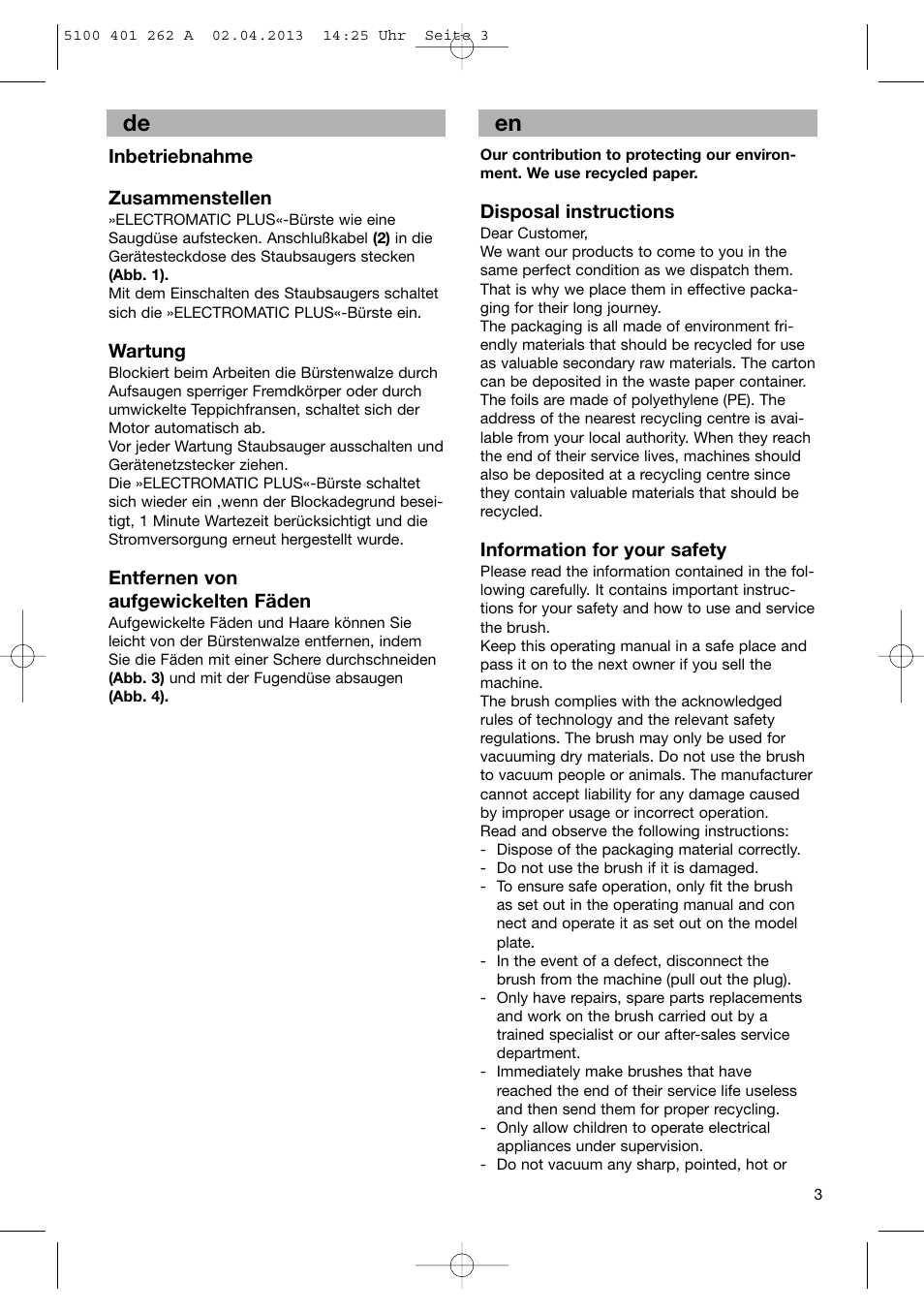 De en | Bosch BHS41892 User Manual | Page 3 / 35