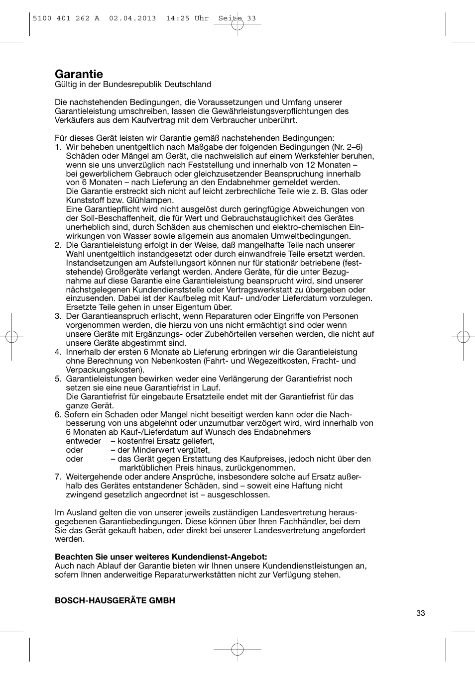 Garantie | Bosch BHS41892 User Manual | Page 33 / 35