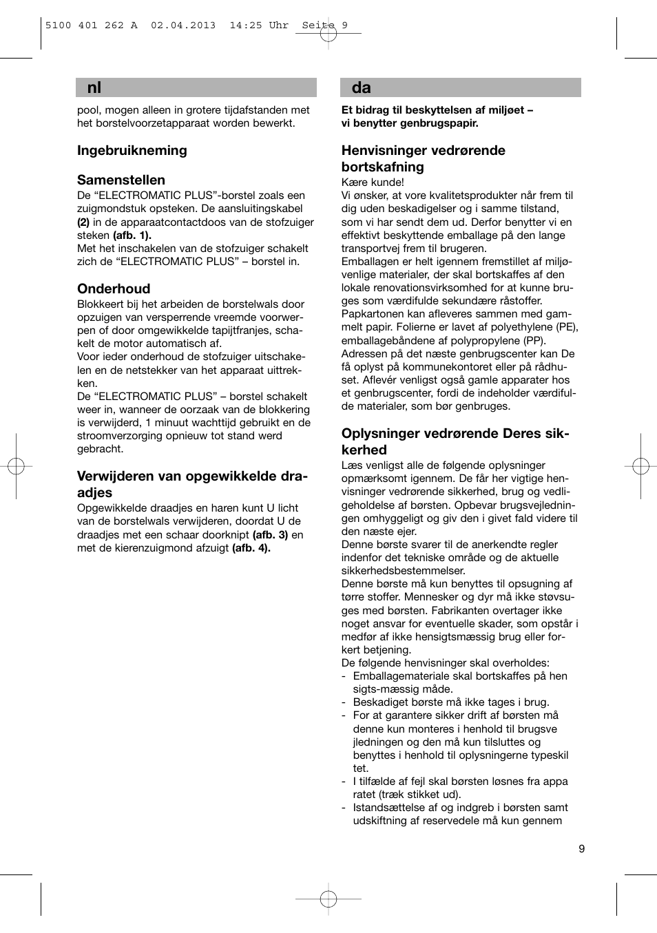 Nl da | Bosch BHS41892 User Manual | Page 9 / 35