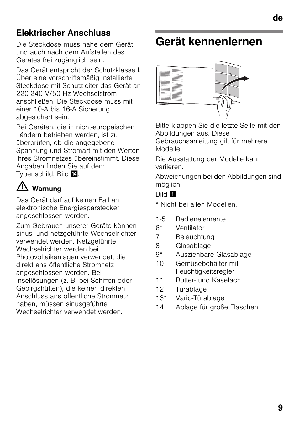 Elektrischer anschluss, Gerät kennenlernen, De 9 elektrischer anschluss | Bosch KIR31AF30 Frigorifero monoporta Porta con cerniera piatta User Manual | Page 9 / 82