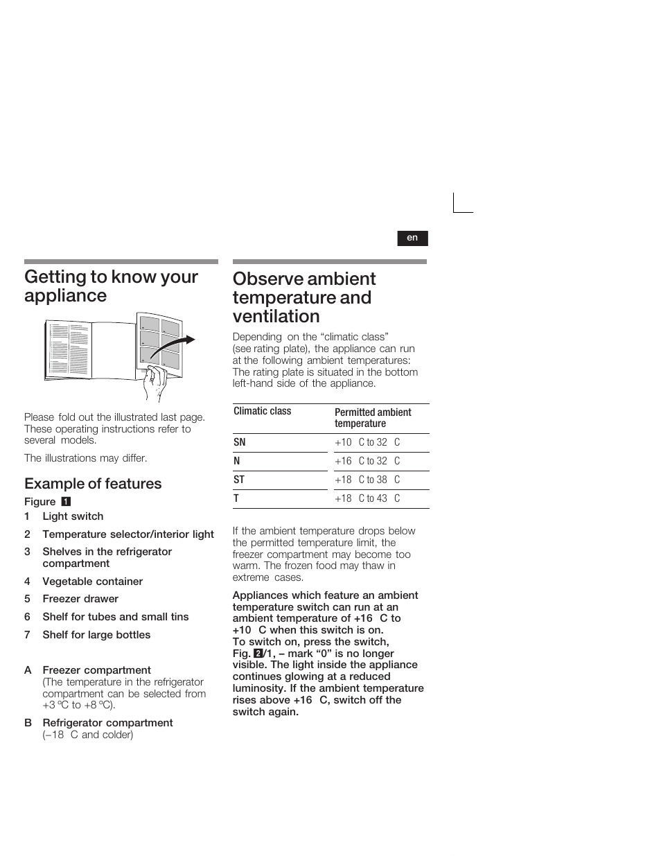 Getting to know your appliance, Observe ambient temperature and ventilation, Example of features | Bosch KIV34X20 Frigorifero combinato Porta a traino User Manual | Page 17 / 64