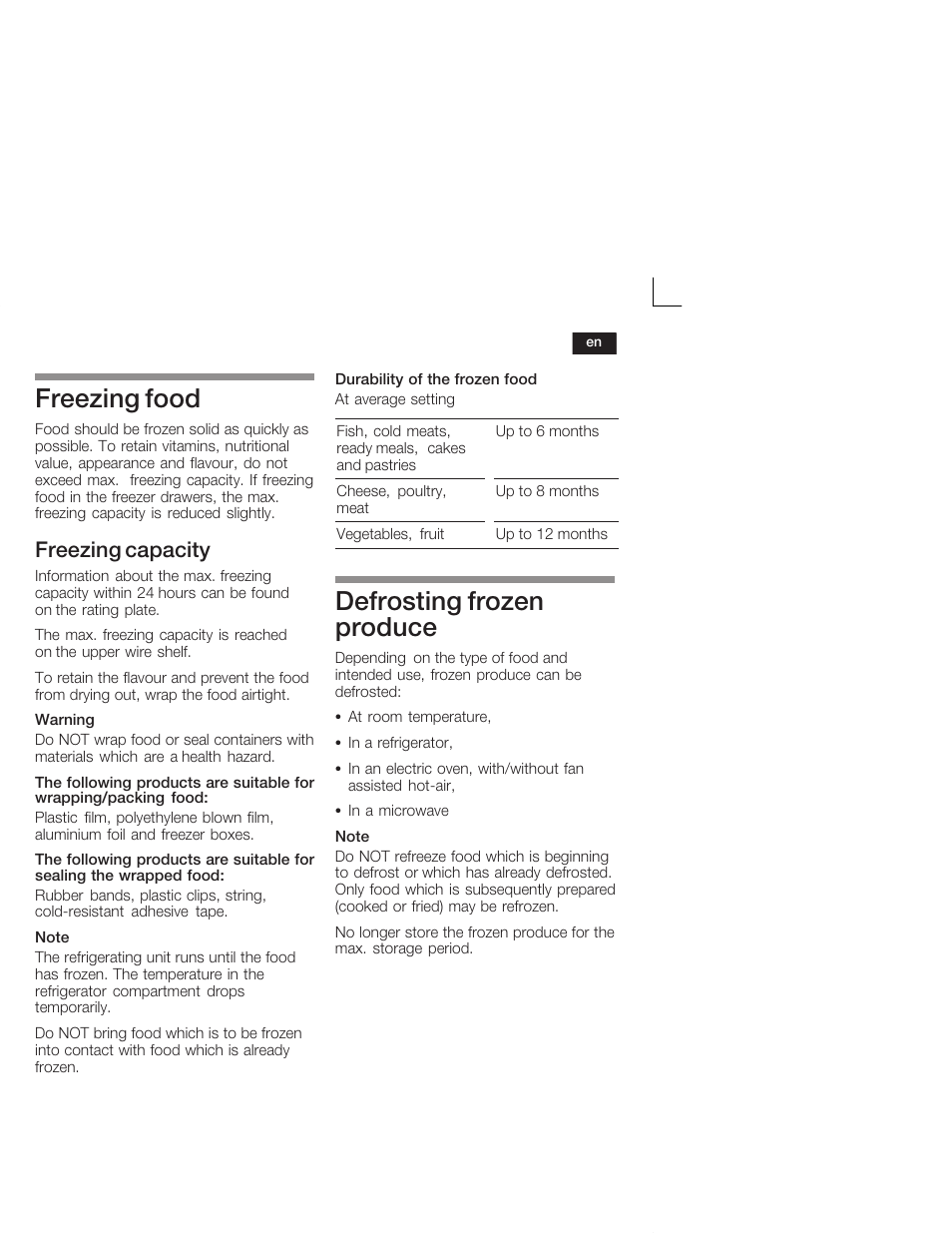 Freezing food, Defrosting frozen produce, Freezing capacity | Bosch KIV34X20 Frigorifero combinato Porta a traino User Manual | Page 21 / 64
