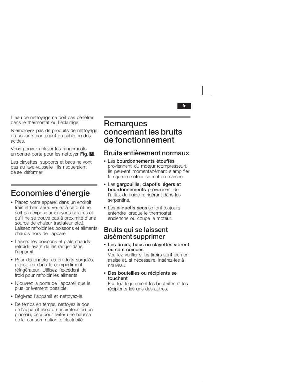 Economies d'énergie, Remarques concernant les bruits de fonctionnement, Bruits entièrement normaux | Bruits qui se laissent aisément supprimer | Bosch KIV34X20 Frigorifero combinato Porta a traino User Manual | Page 35 / 64