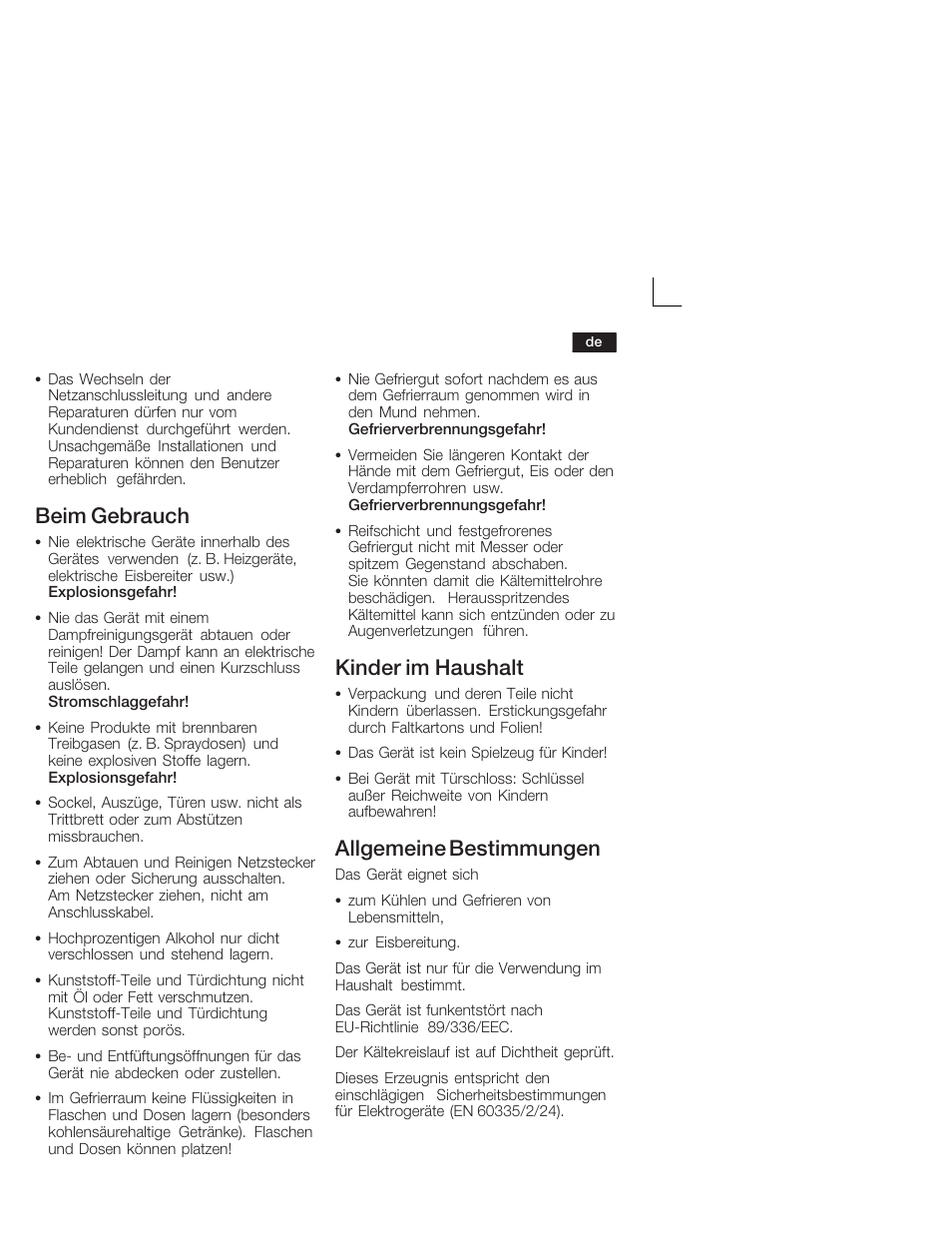 Beim gebrauch, Kinder im haushalt, Allgemeine bestimmungen | Bosch KIV34X20 Frigorifero combinato Porta a traino User Manual | Page 5 / 64