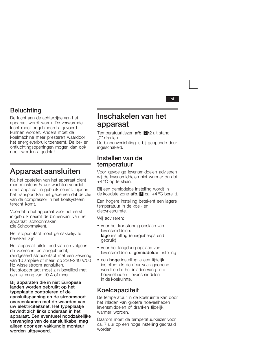 Apparaat aansluiten, Inschakelen van het apparaat, Beluchting | Instellen van de temperatuur, Koelcapaciteit | Bosch KIV34X20 Frigorifero combinato Porta a traino User Manual | Page 53 / 64