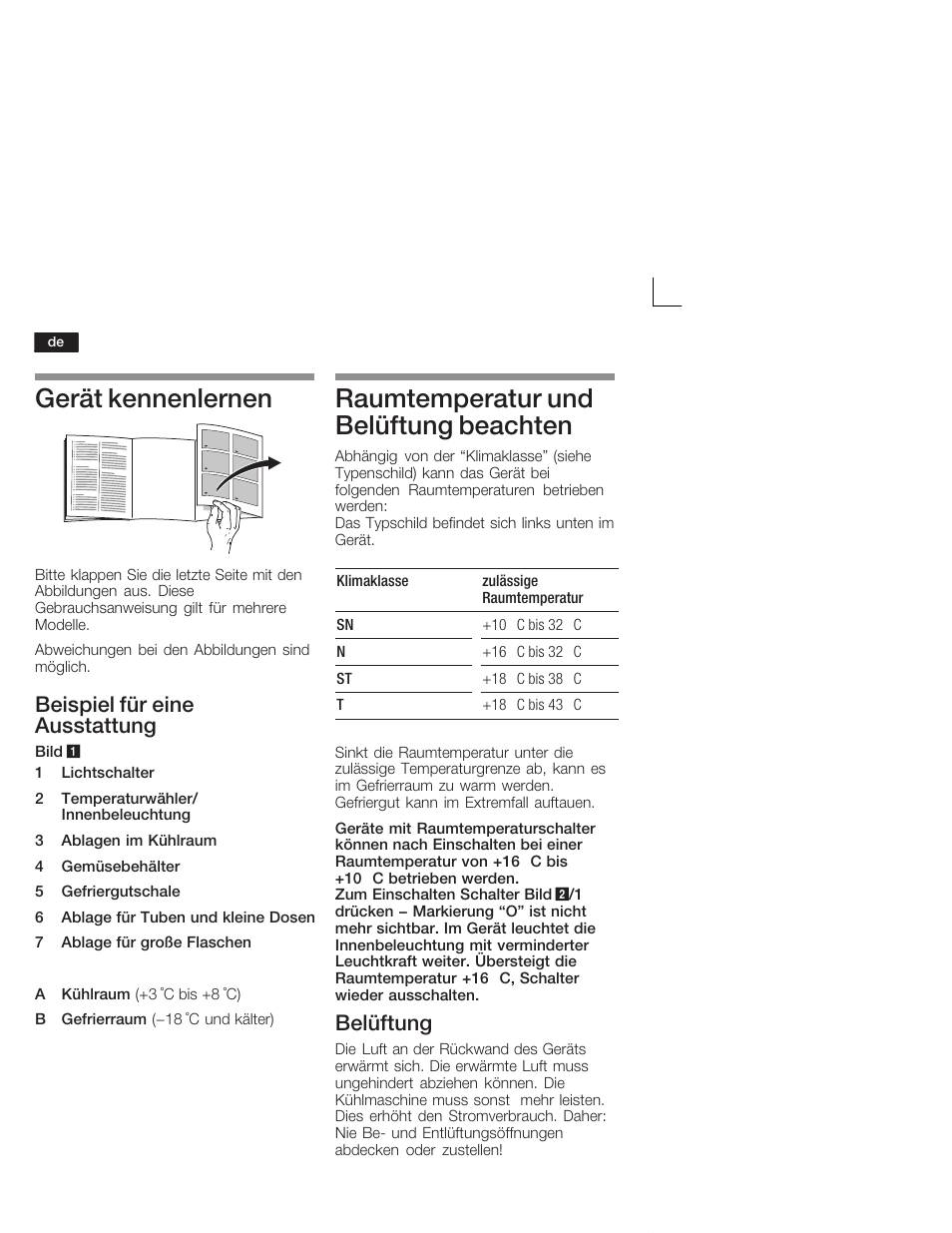 Gerät kennenlernen, Raumtemperatur und belüftung beachten, Beispiel für eine ausstattung | Belüftung | Bosch KIV34X20 Frigorifero combinato Porta a traino User Manual | Page 6 / 64