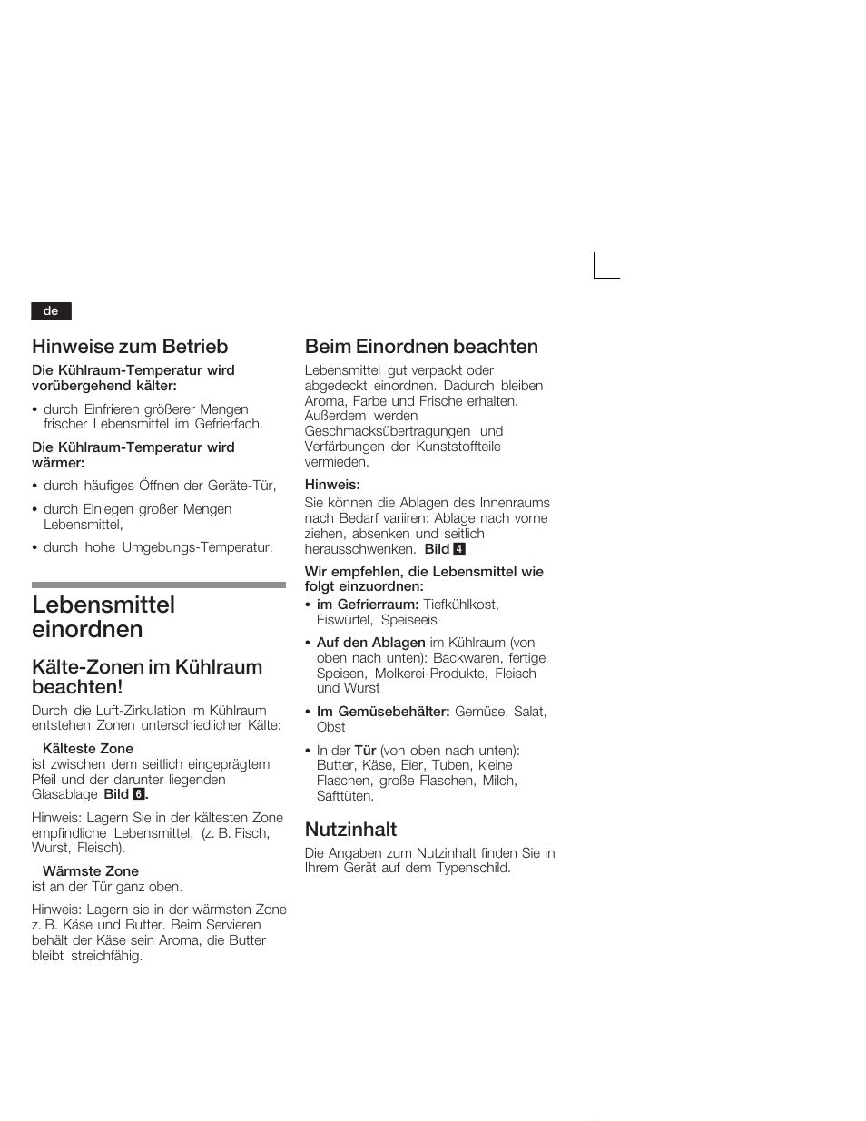 Lebensmittel einordnen, Hinweise zum betrieb, Kältećzonen im kühlraum beachten | Beim einordnen beachten, Nutzinhalt | Bosch KIV34X20 Frigorifero combinato Porta a traino User Manual | Page 8 / 64