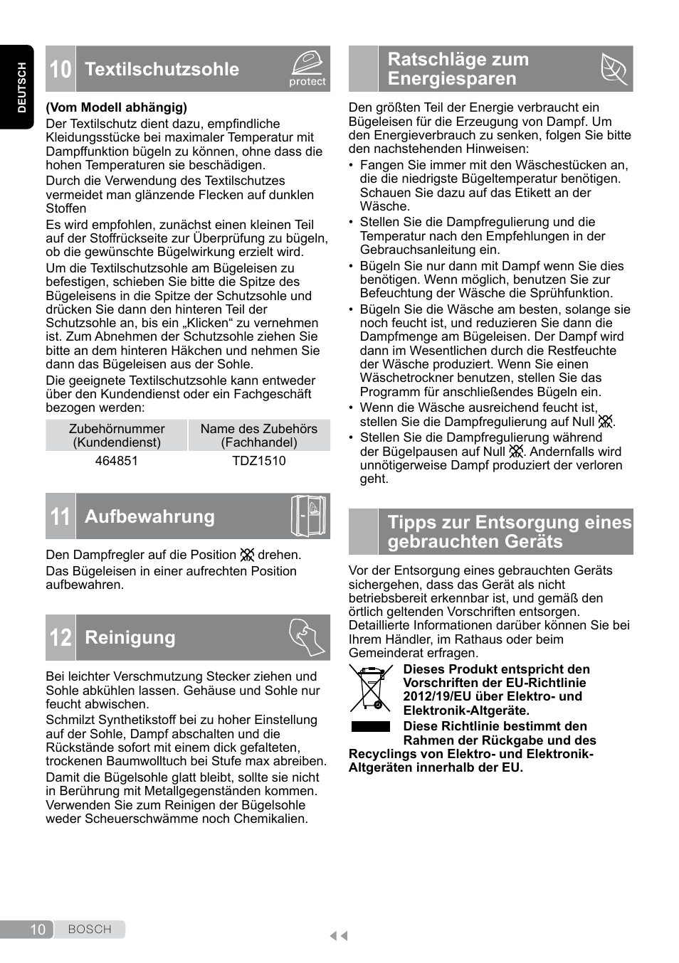 10 textilschutzsohle, 11 aufbewahrung, 12 reinigung | Ratschläge zum energiesparen, Tipps zur entsorgung eines gebrauchten geräts, Textilschutzsohle, Aufbewahrung, Reinigung | Bosch TDA7658 ferro da stiro ProEnergy SensorSecure 2400 W max. User Manual | Page 10 / 78