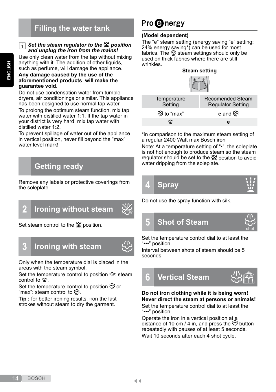 Filling the water tank, Getting ready, 2 ironing without steam | 3 ironing with steam, Proenergy, 5 shot of steam, 6 vertical steam, Ironing without steam, Ironing with steam, Spray | Bosch TDA7658 ferro da stiro ProEnergy SensorSecure 2400 W max. User Manual | Page 14 / 78