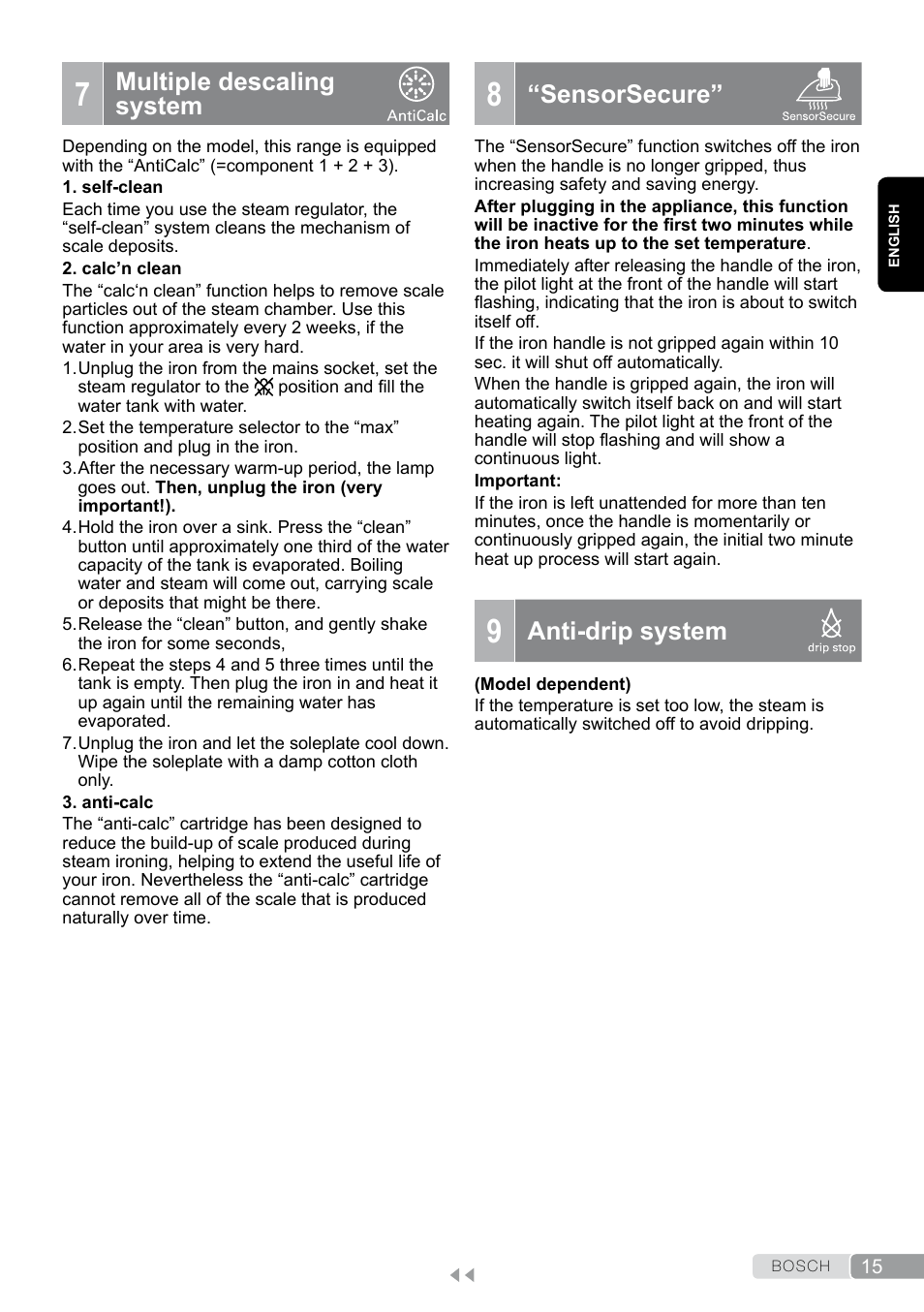 7 multiple descaling system, 9 anti-drip system, Multiple descaling system | Sensorsecure, Anti-drip system | Bosch TDA7658 ferro da stiro ProEnergy SensorSecure 2400 W max. User Manual | Page 15 / 78