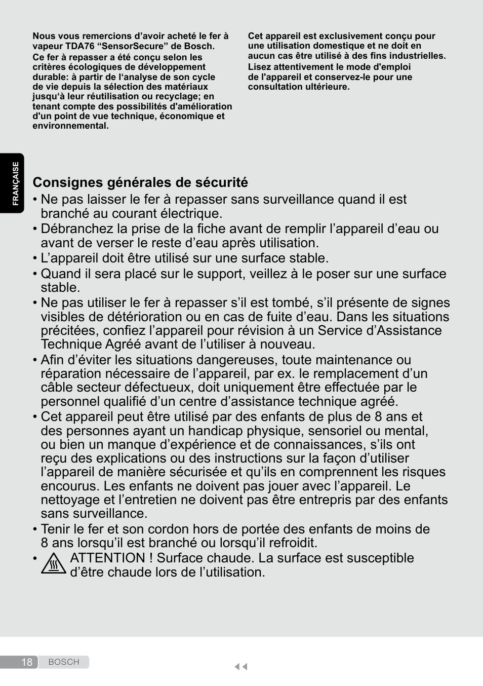 Française, Consignes générales de sécurité | Bosch TDA7658 ferro da stiro ProEnergy SensorSecure 2400 W max. User Manual | Page 18 / 78