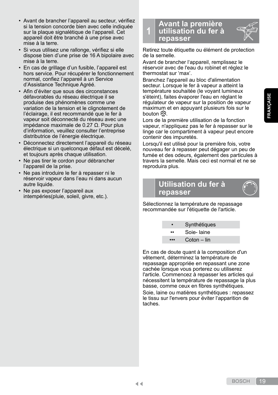 1 avant la première utilisation du fer à repasser, Utilisation du fer à repasser, Avant la première utilisation du fer à repasser | Bosch TDA7658 ferro da stiro ProEnergy SensorSecure 2400 W max. User Manual | Page 19 / 78