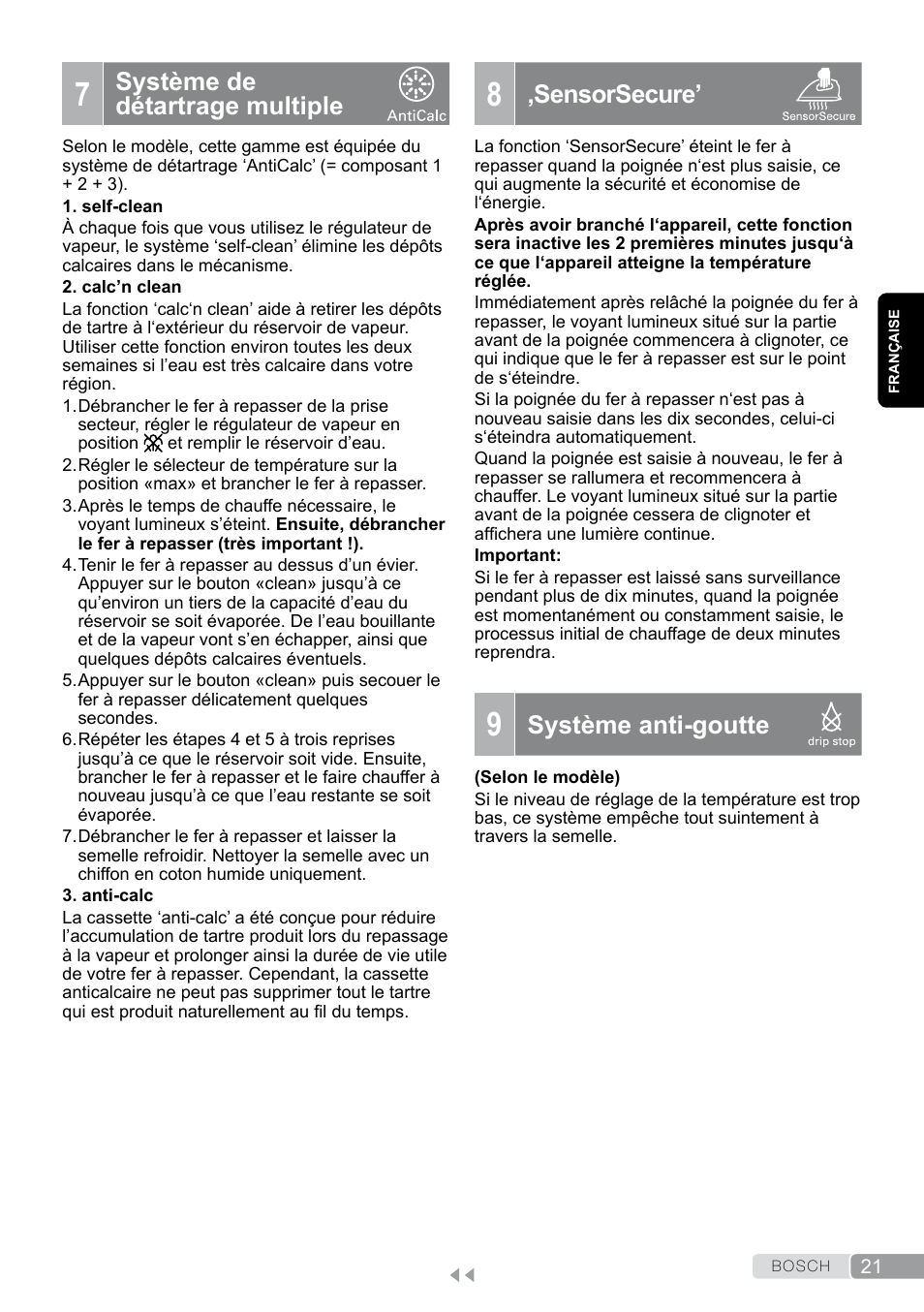 7 système de détartrage multiple, 8 ‚sensorsecure, 9 système anti-goutte | Système de détartrage multiple, Sensorsecure, Système anti-goutte | Bosch TDA7658 ferro da stiro ProEnergy SensorSecure 2400 W max. User Manual | Page 21 / 78