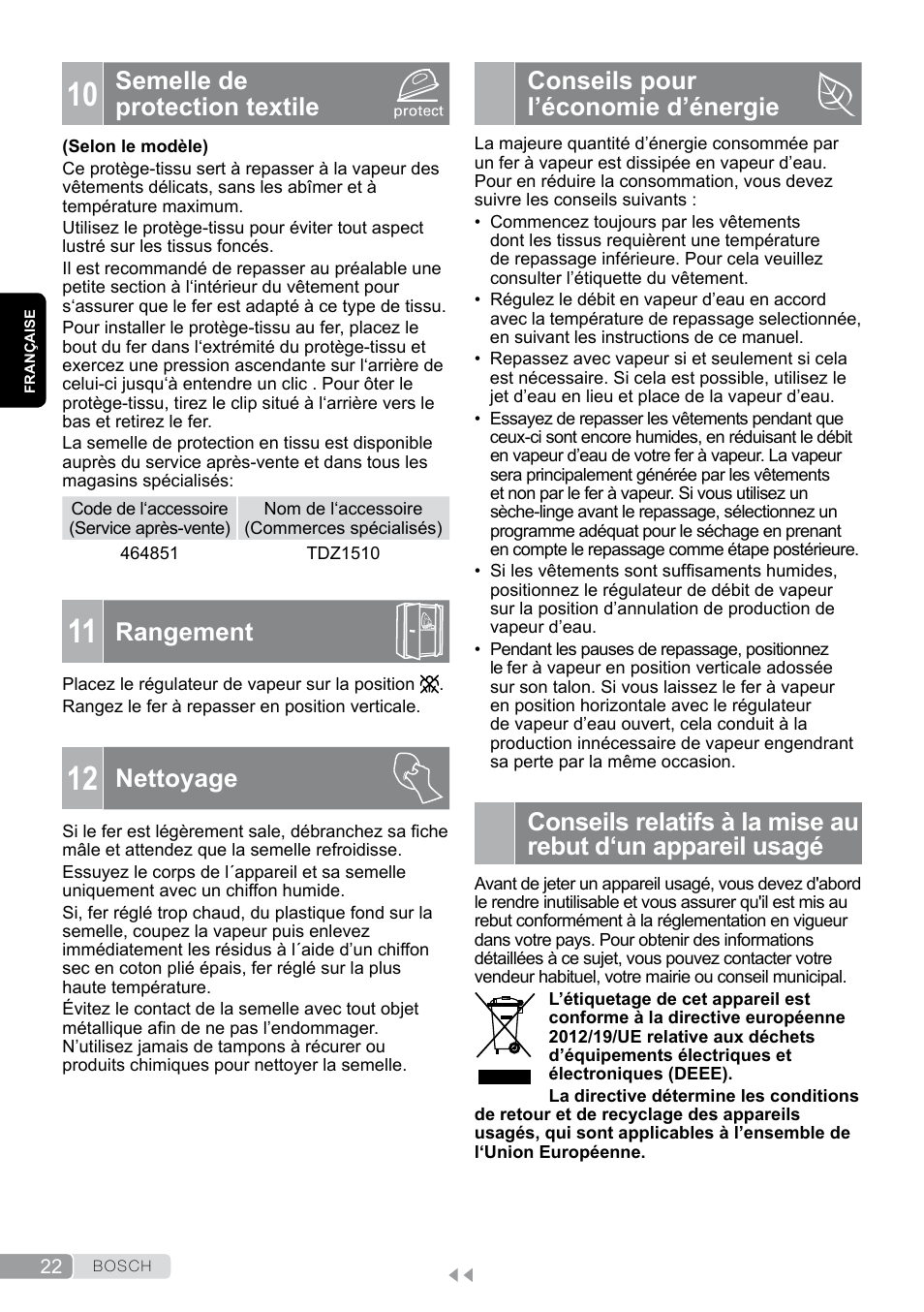 10 semelle de protection textile, 11 rangement, 12 nettoyage | Conseils pour l’économie d’énergie, Semelle de protection textile, Rangement, Nettoyage | Bosch TDA7658 ferro da stiro ProEnergy SensorSecure 2400 W max. User Manual | Page 22 / 78