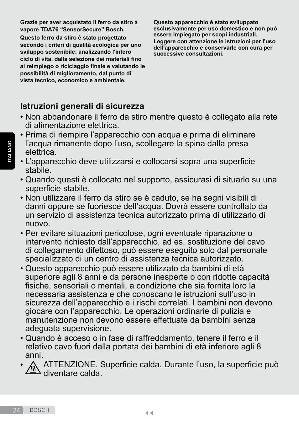 Italiano, Istruzioni generali di sicurezza | Bosch TDA7658 ferro da stiro ProEnergy SensorSecure 2400 W max. User Manual | Page 24 / 78