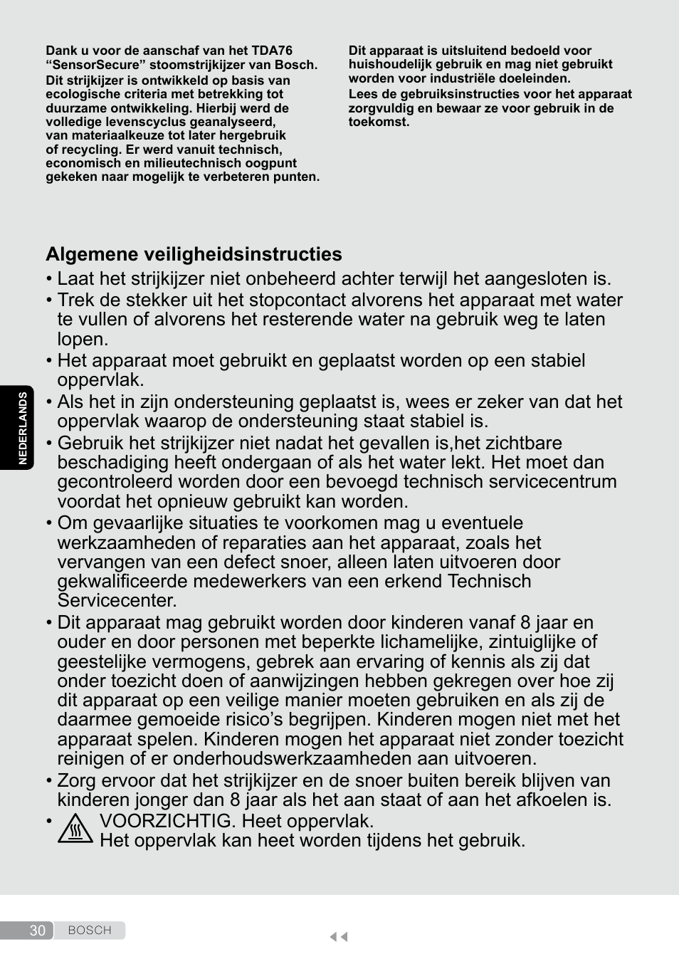 Nederlands, Algemene veiligheidsinstructies | Bosch TDA7658 ferro da stiro ProEnergy SensorSecure 2400 W max. User Manual | Page 30 / 78