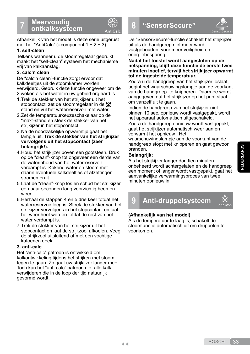 7 meervoudig ontkalksysteem, 8 “sensorsecure, 9 anti-druppelsysteem | Meervoudig ontkalksysteem, Sensorsecure, Anti-druppelsysteem | Bosch TDA7658 ferro da stiro ProEnergy SensorSecure 2400 W max. User Manual | Page 33 / 78