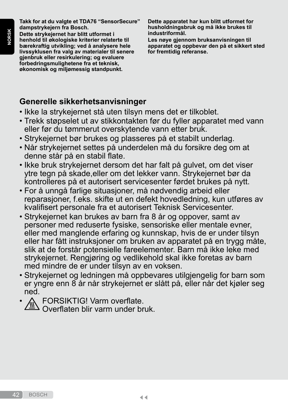 Norsk, Generelle sikkerhetsanvisninger | Bosch TDA7658 ferro da stiro ProEnergy SensorSecure 2400 W max. User Manual | Page 42 / 78