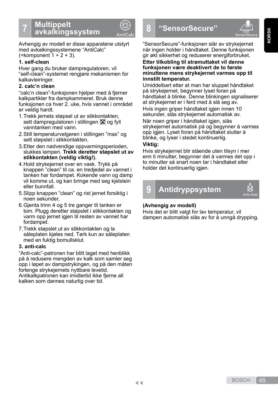 7 multippelt avkalkingssystem, 9 antidryppsystem, Multippelt avkalkingssystem | Sensorsecure, Antidryppsystem | Bosch TDA7658 ferro da stiro ProEnergy SensorSecure 2400 W max. User Manual | Page 45 / 78
