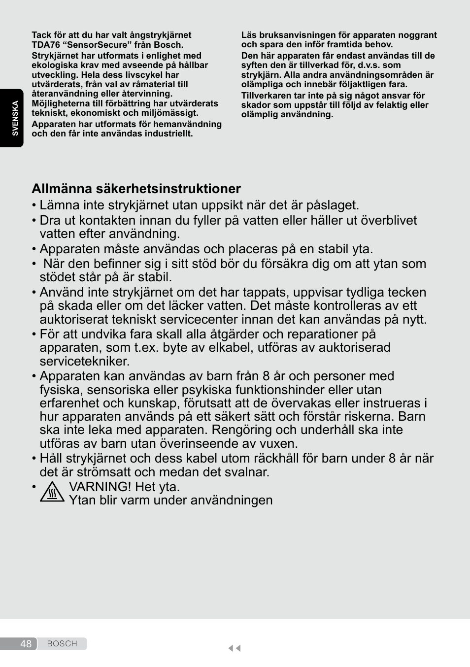 Svenska, Allmänna säkerhetsinstruktioner | Bosch TDA7658 ferro da stiro ProEnergy SensorSecure 2400 W max. User Manual | Page 48 / 78