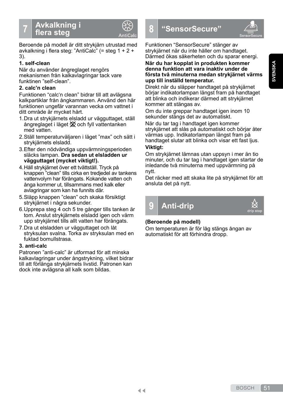 7 avkalkning i flera steg, 9 anti-drip, Avkalkning i flera steg | Sensorsecure, Anti-drip | Bosch TDA7658 ferro da stiro ProEnergy SensorSecure 2400 W max. User Manual | Page 51 / 78