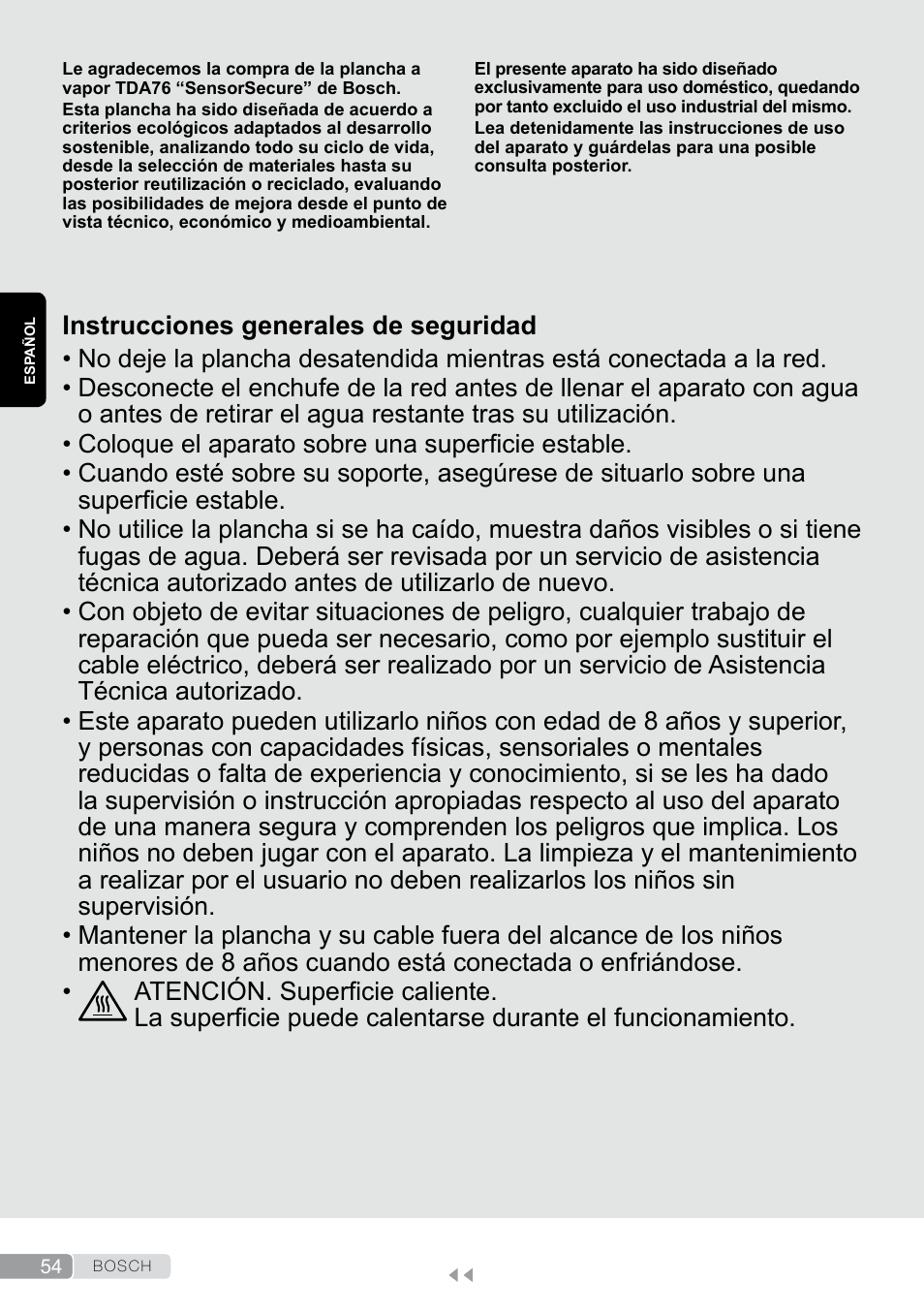 Español, Instrucciones generales de seguridad | Bosch TDA7658 ferro da stiro ProEnergy SensorSecure 2400 W max. User Manual | Page 54 / 78